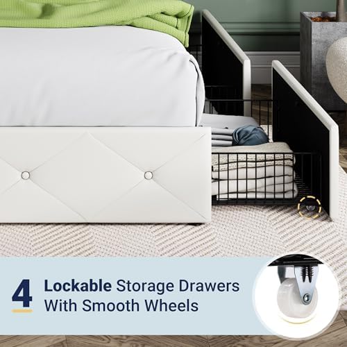 Allewie King Size Storage Bed Frame with 4 Underbed Drawers, Upholstered Platform Bed with Adjustable Headboard, Diamond Button Tufted, Easy Assembly, Noise-Free, No Box Spring Needed, White