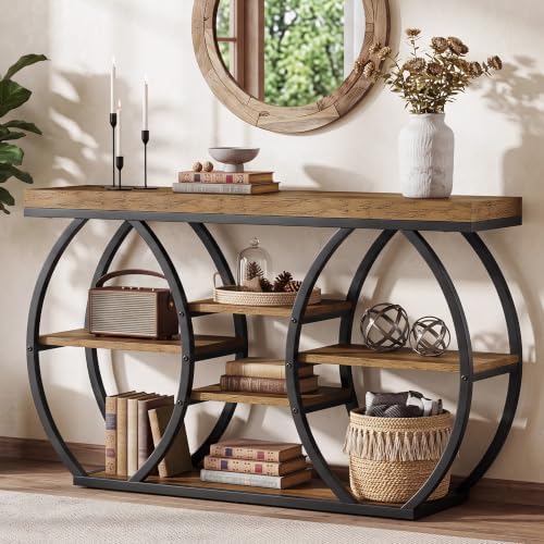 Tribesigns 47-Inch Farmhouse Console Table for Entryway, 4-Tier Narrow Industrial Sofa Table with Artistic Curved Metal Frame for Living Room, Hallway, Foyer, Behind Couch, Rustic Brown