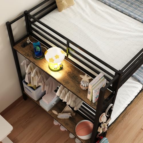 Twin Over Twin Metal Bunk Bed with Storage Station & Rolling Drawers
