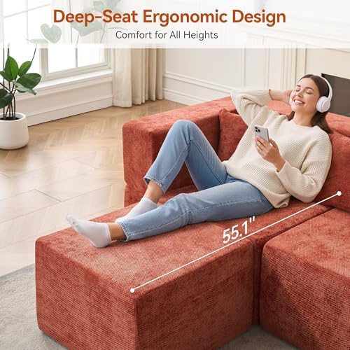 MONVANE 103'' Modular Sectional Sofa, Cloud Sectional Couch with Ottoman, Convertible Chenille L Shaped Couch with Deep Seat, Sectional Couches for Living Room Bedroom, No Assembly Required, Rust Red