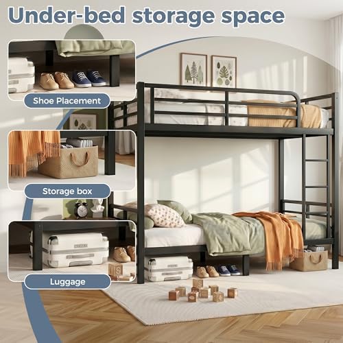 Bunk Bed Twin Over Twin, Heavy Duty Metal Twin Bunk Beds for Teens and Adults, Noise-Free Design Bunkbeds with Ladder, Guardrail for Bedroom, Dorms and Apartment, No Box Spring Required, Black