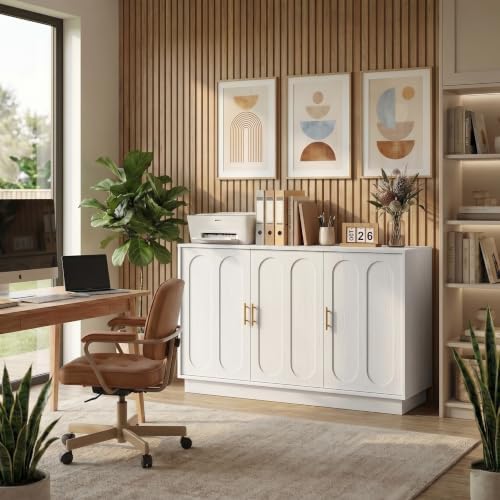 holzart 46.6" Modern Farmhouse 3 Door Storage Cabinet, White Sideboard Buffet with Gold Handles, Large Fluted Wood Credenza for Dining Room, Living Room, Coffee Bar