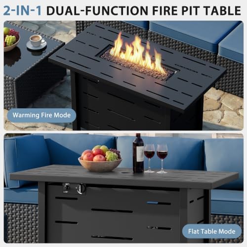 Shintenchi 8 Piece Outdoor Patio Furniture Set with 43 Inch Propane Fire Pit, Washable Cushions, Glass Coffee Table, Waterproof Cover & CSA Certified for Backyard Poolside, Black PE Rattan/Navy Blue