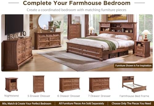Farmhouse Queen Size Bed Frame with 54" Tall Headboard, 2 Footboard Drawers