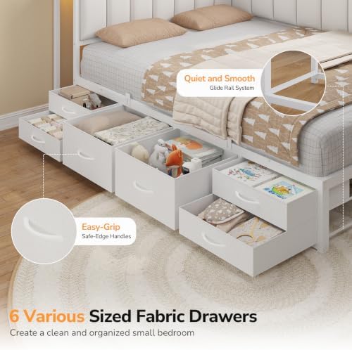 Corner Queen Bed Frame with 6 Storage Drawers, Open Shelves,Charging Ports