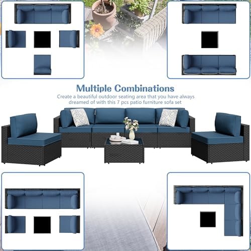 7 Piece Outdoor Patio Furniture Set with Black PE Rattan, Navy Blue
