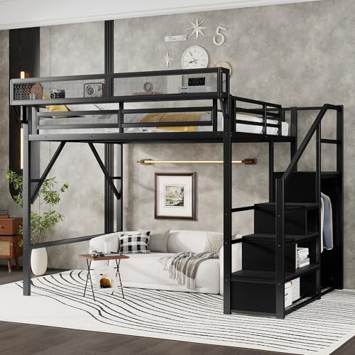 KEIKI Queen Size Metal Loft Bed Frame with Convertible Staircase, Built-in Storage Shelves and Wardrobe, Loft Bed with Solid Slats, Guardrail, No Box Spring Required, Easy Assembly, for Bedroom, Black