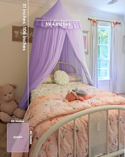 Large Bed Canopy with Star Lights, Double Layer Canopy for Bed, Princess Play Tent for Girls Room, Breathable Canopy Bed Curtain for Children Reading Nook, Machine Washable Canopy, 40''x106'', Purple