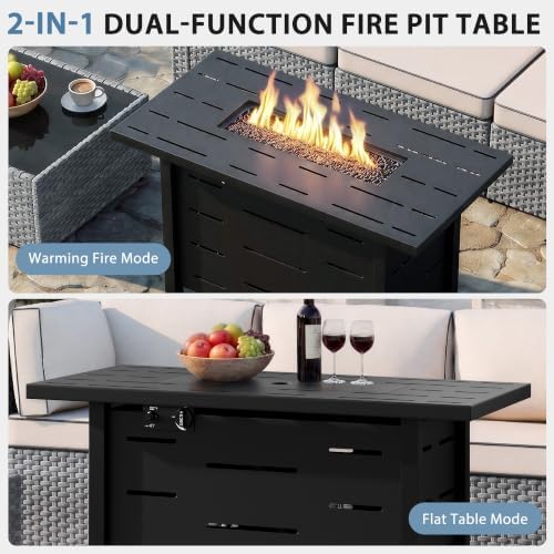 Shintenchi 8 Piece Outdoor Patio Furniture Set with 43 Inch Propane Fire Pit, Washable Cushions, Glass Coffee Table, Waterproof Cover & CSA Certified for Backyard Poolside, Silver PE Rattan/Khaki