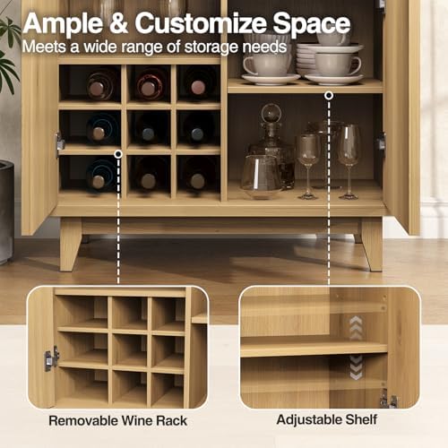 Vabches Modern Fluted Coffee Bar Cabinet with Removable Wine Rack, Natural