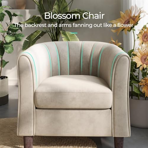 LINSY Accent Chair with Ottoman, Modern Armchair Comfy Barrel Reading Chair with Footrest for Living Room Bedroom Reading Room, Velvet, Cream