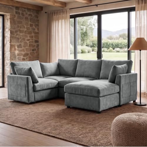 Iroomy Modular Sectional Loveseat Couch for Living Room, Modern Chenille Sofa with Ottoman, 5 Seat, Grey