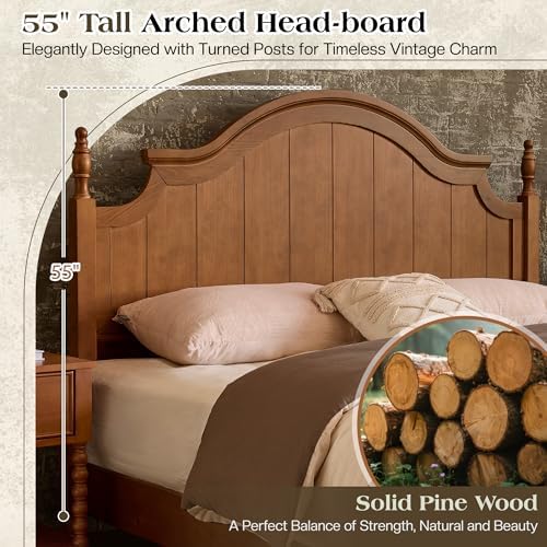 LUXOAK King Size Solid Wood Poster Bed, 55" Arched Headboard, Caramel