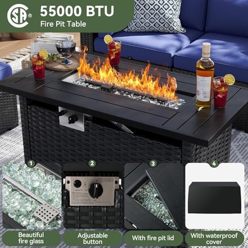 Aoxun 15 Piece Patio Furniture Set with 44” Fire Pit Table, Wicker Rattan Patio Sectional Sofa, Outdoor Furniture Set with Thickened Cushion, Blue
