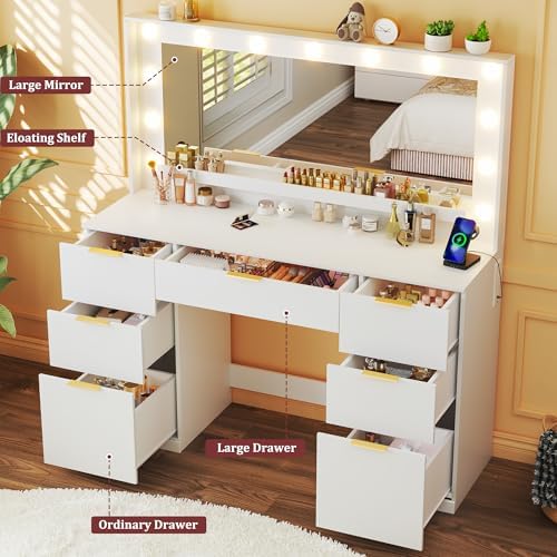 HUAHUU Vanity Desk with Mirror and Lights, 45.3in Makeup Vanity with 7 Drawers & Large Mirror, White Vanity with 3-Color Adjustable Lighting & Power Outlet, Vanity Desk for Bedroom