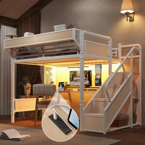 KEIKI Full Size Metal Loft Bed Frame with Storage Staircase & Built-in Desk & Wardrobe, Loft Bed with Pegboard & Mesh Storage Baskets & Slats, No Box Spring Required, Easy Assembly, for Bedroom, White
