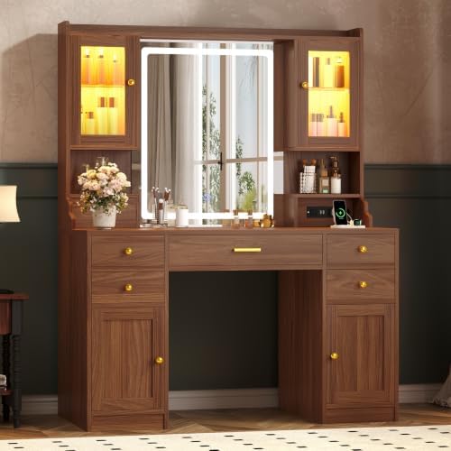 Vanity Desk with LED Mirror and Lights, Makeup Vanity with RGB Cabinets | Vanity Table with Charging Station and 6 Storage Drawers, Adjustable 3 Mode Mirror Lights, Bedroom Dressing Table for Women