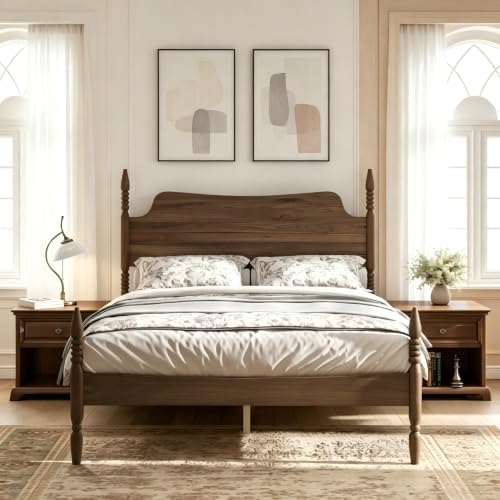 Vintage Wood King Bed Frame, Traditional Spindle Platform Bed with Tall Headboard, Walnut Antique Style 4-Poster Design, Under Bed Storage, No Box Spring Needed (Walnut, King)