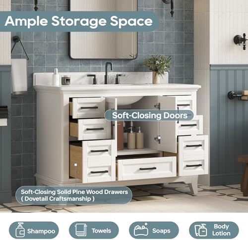48 Inch Bathroom Vanity with Sink, Fully Assembled, White | Farmhouse Solid Wood Bathroom Sink Cabinet, 2 Soft Close Doors & 7 Dovetail Pine Drawers, Quartz Countertop, Backsplash