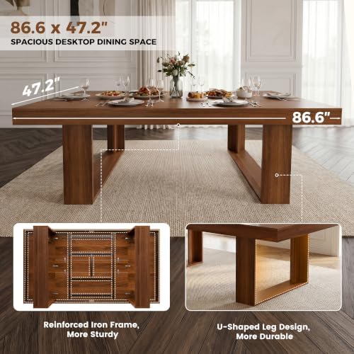 Miereirl 9-Piece Modern Farmhouse Dining Table Set, 86.6" x 47.2" Sturdy Stable Dining Table with 8 Chairs, Rectangular Kitchen Table Set for 8,(Walnut Table+8 Black Chairs)