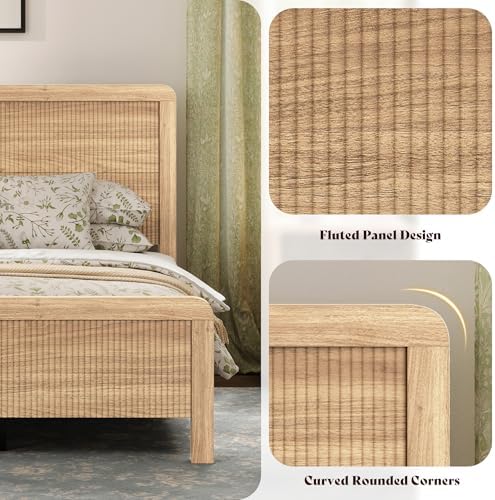 AMERLIFE Wood Full Size Bed Frame with Fluted Headboard & Footboard, Oak