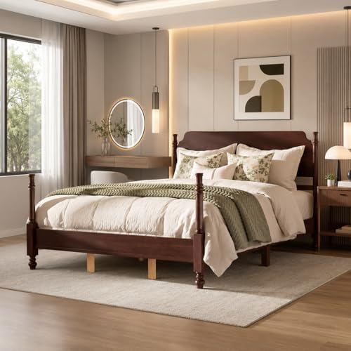 Vintage Wood Queen Bed Frame, Traditional Spindle Platform Bed with Tall Headboard, Dark Walnut Antique Style 4-Poster Design, Under Bed Storage, No Box Spring Needed (Dark Walnut, Queen)