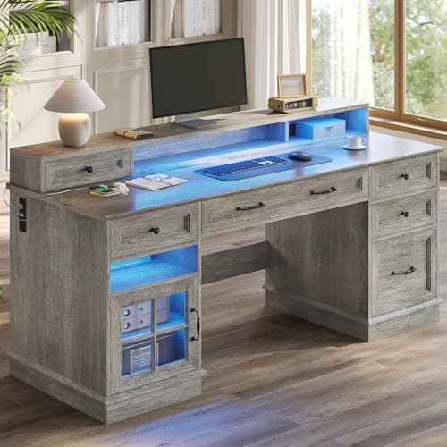 HAUOMS Farmhouse Executive Desk Computer Desk with Drawers，Grey