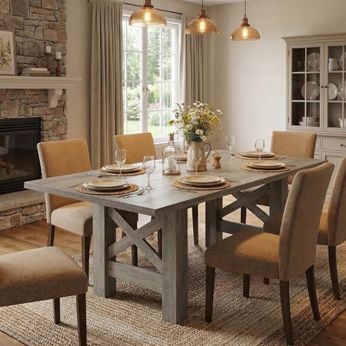 Garvee Wood Farmhouse Dining Table for 6-8, Heavy Duty Large Kitchen Table, 70.87" Long Rectangular Dining Room Tables with Strong Legs, Thickness Tabletop, for Big Family, Dinette, Rustic Gray