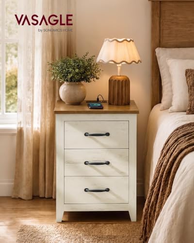 VASAGLE Farmhouse Nightstand with Charging Station, 3 Drawers