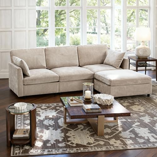 Iroomy Sectional Cloud Couch for Living Room, Spring Cushion Seating, L Shaped Convertible Modular Sofa with Ottoman, Khaki