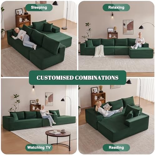 Mangodan 140” Cloud Sectional Couch, Boneless Sofa for Living Room, Modular Sectional Sofa with Deep Seat, Comfy Fluffy L-Shaped Couch with Right-Facing Chaise, No Assembly Required, Green
