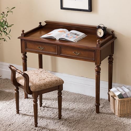 Mid Century Modern Desk with Baffle and Drawers, Vintage Solid Wood Writing Desk Stool Set for Small Space, Bedroom, Living Room, Makeup Vanity Console Table (31.5in(80cm),with Chair)