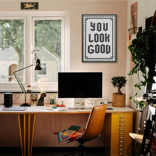 Black and White Quotes Wall Art Trendy Minimalist You Look Good Poster 08x10 inch Black Framed Funky Hexagon Tile Canvas Prints for Living Room Bathroom Wall Decor