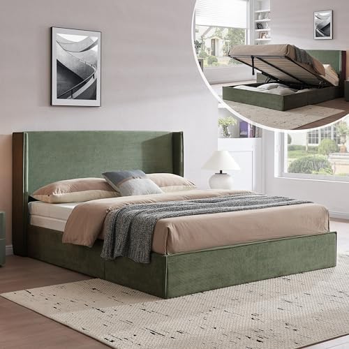 Queen Lift Up Storage Bed, Corduroy Platform Bed with Headboard, Turtle