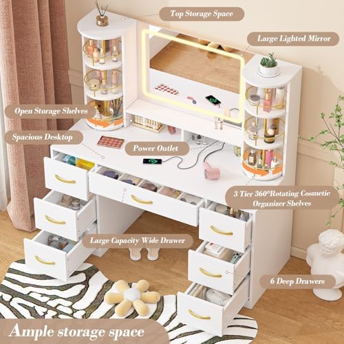 CSZZD White Vanity Desk with 360° Rotating Organizer & Charging Station | Large Makeup Vanity with LED Lighted Mirror and 6 Storage Drawers, Bedroom Vanity Table for Women Girls