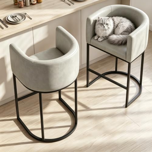 26" H Counter Height Bar Stools Set of 3, Modern Barrel Counter Stools with Backrest and Arms, Faux Leather Upholstered Accent Barstools for Kitchen Island,Support 450 LBS (Grayish White)