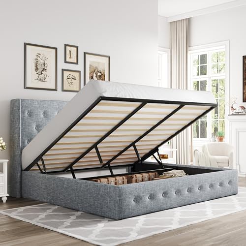 Allewie King Size Lift Up Storage Button-Tufted Bed Frame Blue Grey