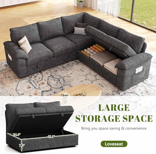 85'' Modular Sectional Sofa with Pull Out Bed, Sleeper Sofa, Dark Gray