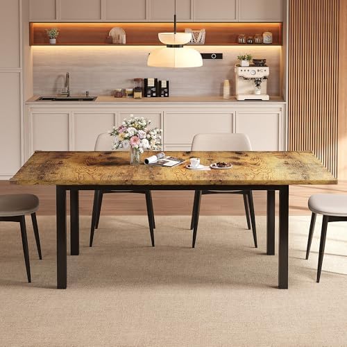Einhomn Extendable Dining Table for 4-6, 63" Modern Kitchen Table, Farmhouse Dining Room Tables for Dining, Kitchen, Office, Living Room, Rectangular Wooden Tables, Space Saving (Rustic Brown)