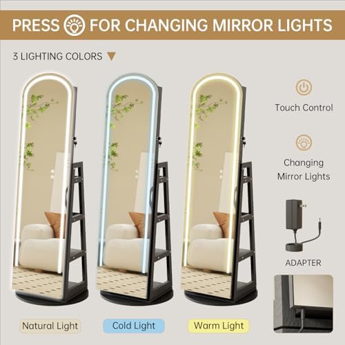 Arched Rotating Jewelry Cabinet with LED Lighted Full Length Mirror & Built-in LED Vanity Mirror, Lockable Standing Jewelry Armoire, Large Storage Organizer for Jewelry (Black)