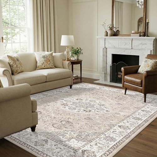 7x10 Area Rug for Living Room: Washable Neutral Vintage Large Rugs for Bedroom, Office, Dining Room, Kids Room, Farmhouse Durable Low Pile Non Slip Carpet for High Traffic Areas(7x10 Beige)