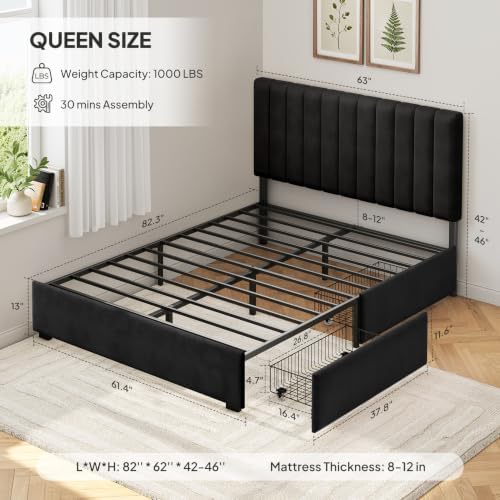 Welzona Queen Size Upholstered Bed Frame with Headboard & 2 Drawers, Black