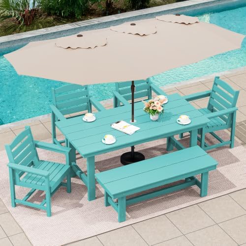 SERWALL HDPE Dining Set with Umbrella, Outdoor Dining Set for 6, Aruba