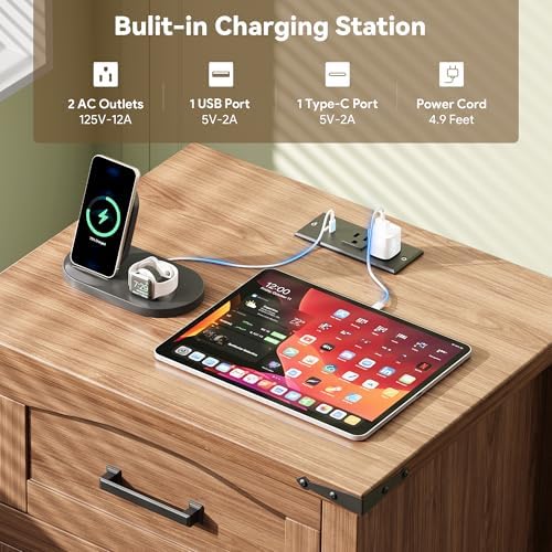 Decofy Farmhouse Nightstand Set of 2 with Charging Station, 3 Drawers