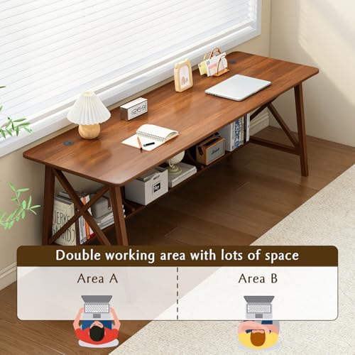 NELYE Extra Long Writing Desk with Bookshelf, 47" Wx16 Dx30 H, Walnut