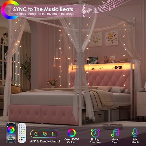 HIFIT Queen Size LED Canopy Bed Frame with Storage & Charging Station, Pink