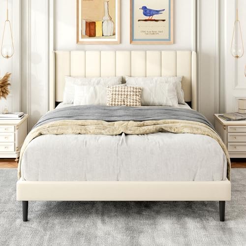 Gruwans Full Size Bed Frame with Upholstered Wingback Headboard, Easy Assemnly Platform Bed, Wooden Slat Support No Box Spring Needed, Cream