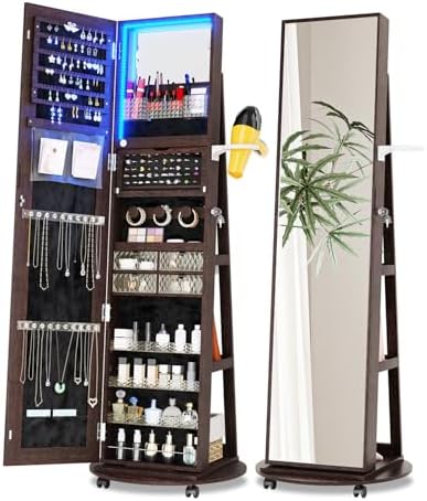 360 Rotating Jewelry Armoire Organizer with Lights, Lockable Cabinet Standing, Perfect for Christmas Gifts (Brown)