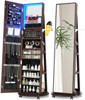 360 Rotating Jewelry Armoire Organizer with Lights, Lockable Cabinet Standing, Perfect for Christmas Gifts (Brown)