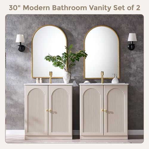 IFBUY 30 Inch Arched Bathroom Vanity with Sink, Modern Fluted Design, Cream | Bathroom Vanity Cabinet w/Adjustable Storage Shelf, Freestanding Single Bathroom Vanity w/Ceramic Basin, Space-Saving